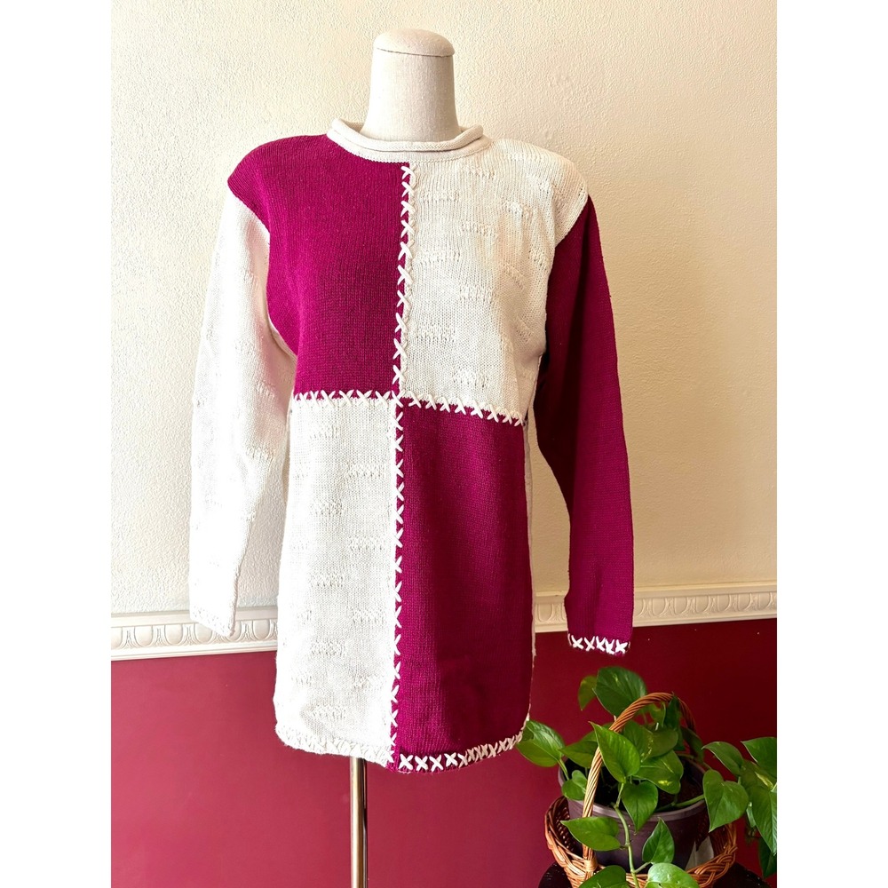 New Vintage Petite Sophisticate WhipstitchSweater Magenta Cream Ramie Cotton